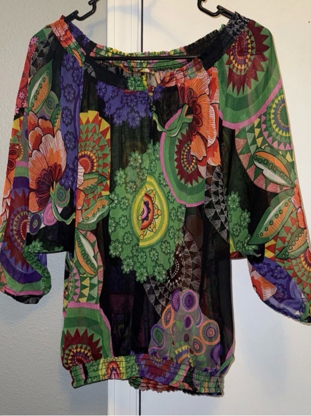 Desigual Size Medium Sheer Blouse Top Colorful Peasant Boho